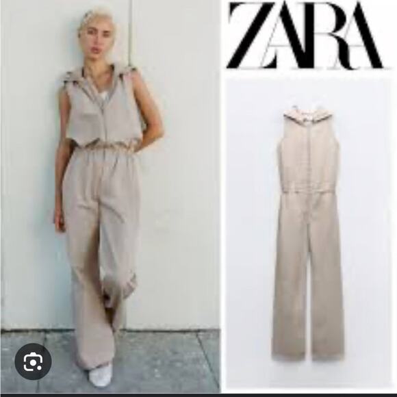 Zara Sleeveless Hooded Jumpsuit Khaki Size Large Trending Y2K Utility - Picture 1 of 8